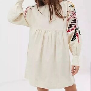Free People Women's Mini Obsessions Embroidered Floral Dress Beige Sz Small